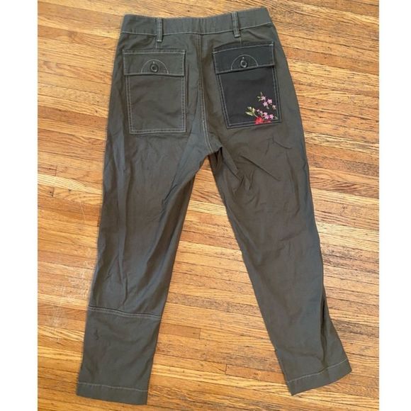 Anthropologie Floral Embroidered Pants - Olive Green with Pink and Red Accents - Picture 2 of 10
